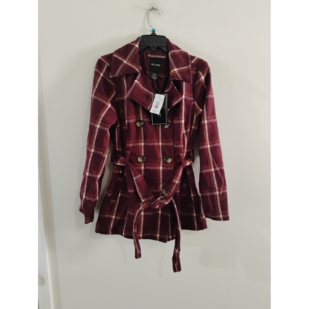 Me Jane Womens Plaid Double Breasted Peacoat Wine Pane Wool Blend Belted Jacket